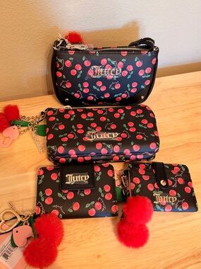 Juicy Couture Black Cherry Print Wallet & Pouch Set with Red Pom-Pom Charms